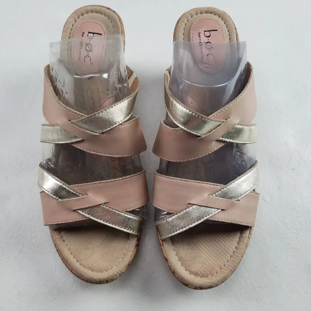 Born BOC Cork Wedge Sandal Womens 9 Brown Leather Open Toe Strappy Slip On